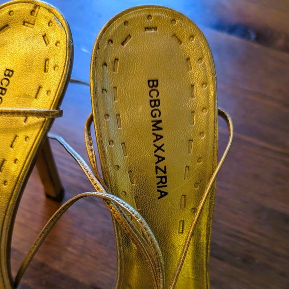 BCBG MAXAZRIA metallic gold ankle strap heeled sandals Size 8.5 - Picture 8 of 10